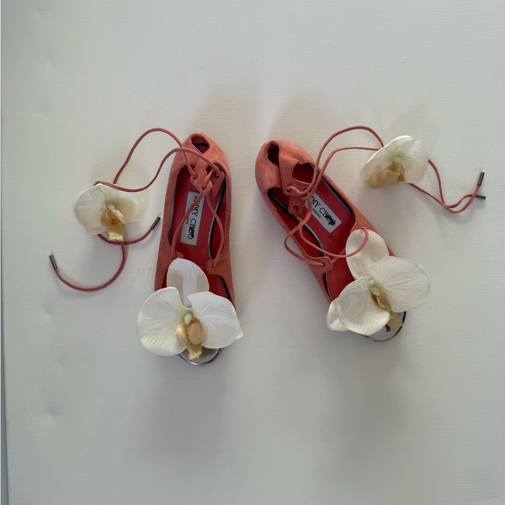 Vintage Jimmy Choo Pink Flats Sandals Orchid Flowers 5.5 Suede Wrap Straps Tie